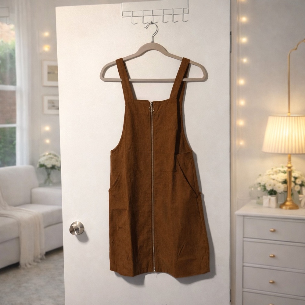 ✨ Brown Corduroy Zip-Front Pinafore Dress w Pockets | Jumper Size S
